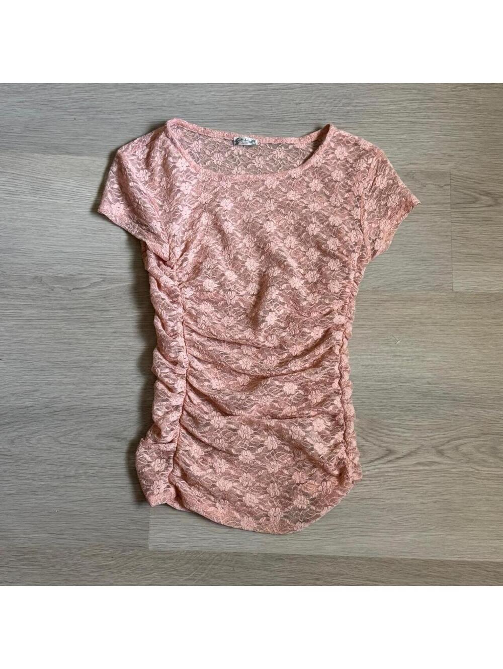 ੈ✩‧₊˚free people sheer pink lace ruched blouse